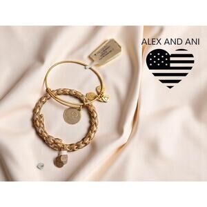 Alex and Ani Gold Bangle Bracelet Set of 2 – Rare Chain-Link + Initial "J" – NWT